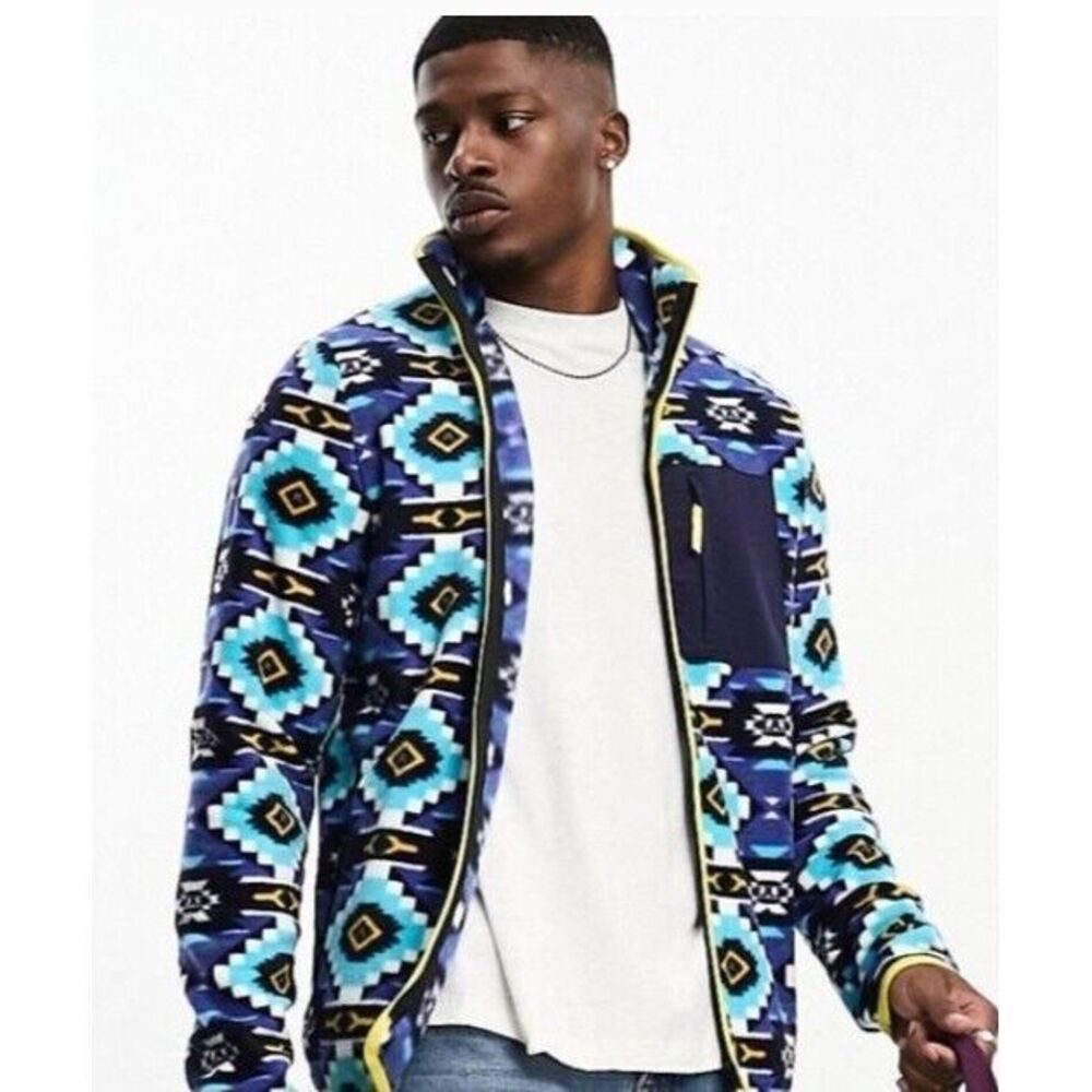 WeSC‎ Sweden Unisex S/M Aztec Polar Fleece Full-Zip Jacket Blue/Yellow